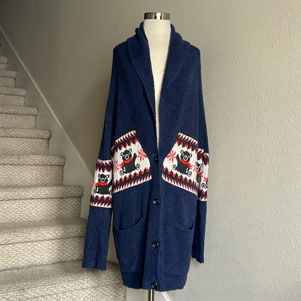 STEM Anthropologie Sz M Oversized Navy V-neck Winter Teddy Button Up Cardigan